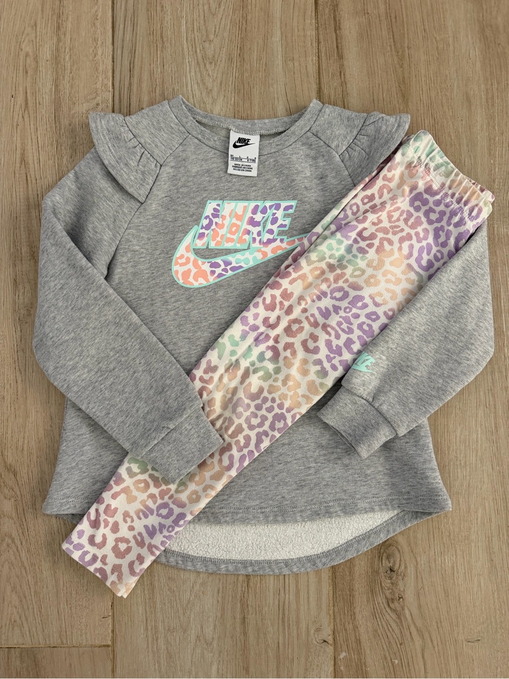 Nike Gray Girls Sweatshirt with Pastel Leopard Swoosh